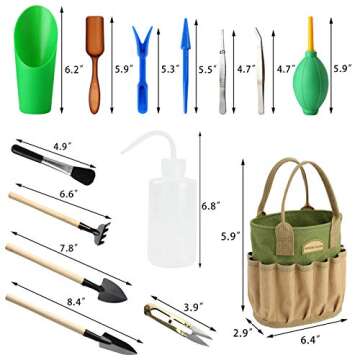 13 Pieces Succulent Tools Kit with Organizer Bag, Gardening Tool Set with Tote,Mini Succulent Garden Tool Kit Succulent Bonsai Planter Set Indoor Gardening,Miniature Indoor Fairy Planting Care Green