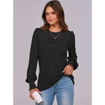 ANRABESS Long Sleeve Shirts for Women Fall Fashion 2024 Dressy Casual Blouses Trendy Pleated Tunic Tops Outfits Black Small