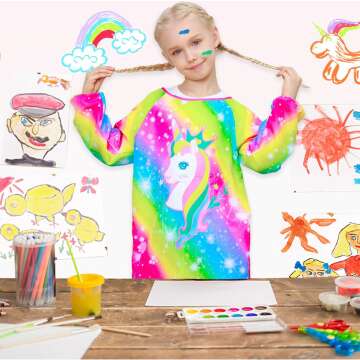 Sylfairy Kids Art Smocks for Painting, Waterproof Artist Rainbow Unicorn Aprons Paint Smocks Toddler Apron Smock for Child