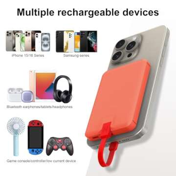 Portable Charger with Built-in Cable, 5000mAh Power Bank, Pocket Colorful External Battery Pack Compatile with iPhone 15/16 Series Samsung Galaxy, Pixel and Other Android USB-C Smartphones (Orange)