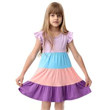 HILEELANG Little Girl Summer Swing Dress Soft Big Skirt Short Sleeve Casual A-Line Twirly Tiered Dress Playwear Sundress Size 6