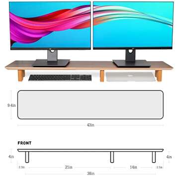 Aothia Large Dual Monitor Stand Riser, Solid Wood Desk Shelf with Eco Cork Legs for Laptop Computer/TV/PC/Printers, Perfect Desktop Stands Organizer with Underneath Storage for Office Accessories