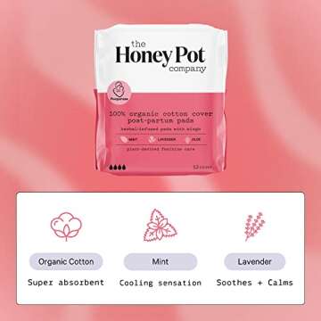 The Honey Pot Company Clean Cotton Postpartum Pads Herbal-Infused, Postpartum and Maternity Pads with Wings, Plant-Derived Feminine & Menstrual Care (Product) RED – 12 ct.