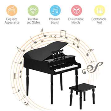 Costzon Classical Kids Piano, 30 Keys Wood Toy Grand Piano with Music Stand and Bench, Mini Musical Toy for Child, Ideal for Children's Room, Toy Room, Best Gifts (Straight Leg, Black)