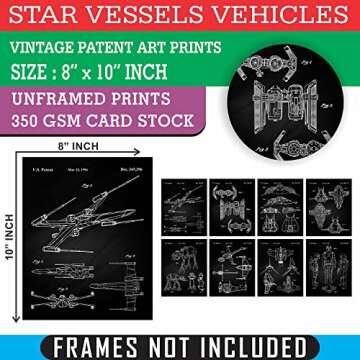 Vintage Star Vessels Patent Prints - Set of 9 (8x10) Unframed Wall Art Poster Gifts for Boys Men Women Home Office Studio Garage Man Cave Student Comic-Con Sci Fi Wars Movies Fan Game Room Decor