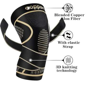 Copper Knee Braces with Adjustable Strap for Pain Relief (2 Pack)