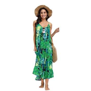 BUENOS NINOS Women's V Neck Floral Wide Leg Pants Boho Printed Adjustable Spaghetti Strappy Long Jumpsuit with Pockets Jungle Green Dress S