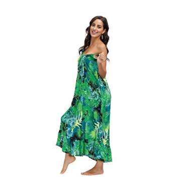 BUENOS NINOS Women's V Neck Floral Wide Leg Pants Boho Printed Adjustable Spaghetti Strappy Long Jumpsuit with Pockets Jungle Green Dress S