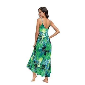 BUENOS NINOS Women's V Neck Floral Wide Leg Pants Boho Printed Adjustable Spaghetti Strappy Long Jumpsuit with Pockets Jungle Green Dress S