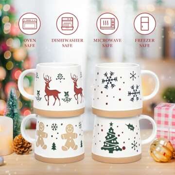 Maustic Christmas Mugs, Christmas Coffee Mugs Set of 4, Holiday Mugs with Festive Christmas Themed Design, Hot Chocolate Hot Cocoa Mugs, Family Gifts for Christmas, 14 Oz