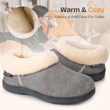 EverFoams Women's Micro Suede Cozy Memory Foam Winter Slippers with Fuzzy Faux Fur Collar and Indoor Outdoor Rubber Sole (Gray, Size 5-6 M US)