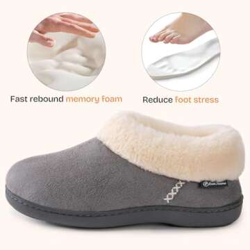 EverFoams Women's Micro Suede Cozy Memory Foam Winter Slippers with Fuzzy Faux Fur Collar and Indoor Outdoor Rubber Sole (Gray, Size 5-6 M US)