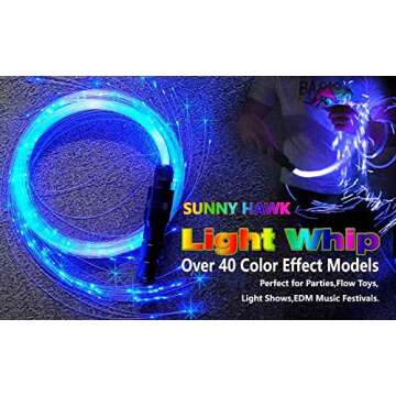 SUNNY HAWK LED Fiber Optic Whip, 6.2Ft Dance Light Space Whip - 40 Modes 360° Swivel - Super Bright Light Up Rave Toy | Great for Raves, Parties, Concerts, Light Shows, EDM Music Festivals