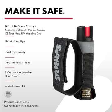 SABRE Runner Defense Spray, 3-in-1 Formula Contains Pepper Spray, CS Military Tear Gas & UV Marking Dye, Max Strength, Reflective Hand Strap For Easy Carry, 35 Bursts, Secure & Easy to Use Safety , 0.75 Fluid Ounces