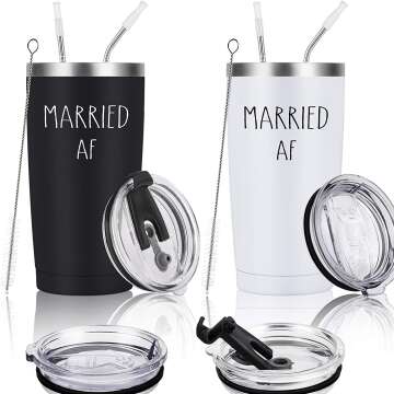 Lifecapido Married AF Travel Tumbler Set of 2, Engagement Wedding Anniversary Ideas for Couples Newlyweds Bride, 20 Oz Stainless Steel Insulated Travel Tumbler with Straws and Lids, Black and White
