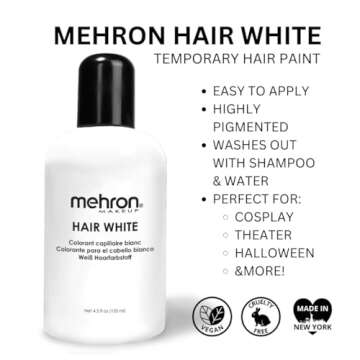 Mehron Makeup Hair White | Washable White Hair Dye | Temporary Hair Color for Theatre, Cosplay, & Halloween 4.5 oz (133 ml) (White)