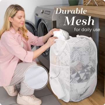 Handy Laundry Collapsible Mesh Pop Up Hamper with Wide Opening and Side Pocket – Breathable, Sturdy, Foldable, and Space-Saving Design for Clothes and Storage. (White)