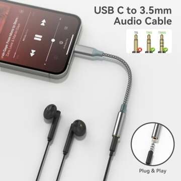 USB C to Aux Audio Dongle Cable Cord, Type C to 3.5mm Female Headphone Jack Adapter for iPhone 16 Pro Max/16 Pro, 15 Pro Max/15 Pro/15 Plus, Samsung Galaxy S23/S22/S21 Ultra, Pixel, iPad Pro, MacBook