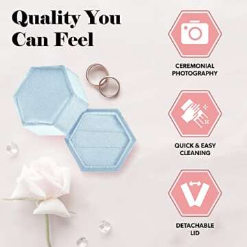 NIMSIN Premium Velvet Ring Box for Wedding Ceremony | Elegant Wedding Ring Box w/Detachable Lid | Ideal For Photoshoots, Proposal, Engagement & Wedding Events | Hexagon Double Ring Box (Light Blue)