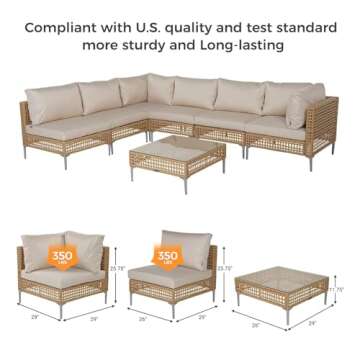 Grand patio 7-Piece Wicker Patio Furniture Set, Boho Outdoor Conversation Set Sectional Sofa with Water Resistant Thick Cushions and Coffee Table, Beige