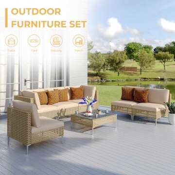 Grand patio 7-Piece Wicker Patio Furniture Set, Boho Outdoor Conversation Set Sectional Sofa with Water Resistant Thick Cushions and Coffee Table, Beige