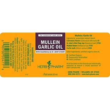 Herb Pharm Mullein Garlic Herbal Oil - contains Calendula, Garlic, Mullein flower, St. John's Wort, Olive Oil, 1 Ounce