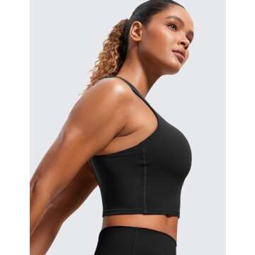 CRZ YOGA Butterluxe Racerback High Neck Longline Sports Bras for Women - Padded Workout Crop Tank Tops with Built in Bra Black Medium