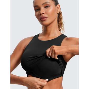 CRZ YOGA Butterluxe Racerback High Neck Longline Sports Bras for Women - Padded Workout Crop Tank Tops with Built in Bra Black Medium