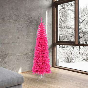 Vickerman 5.5' Pink Pencil Artificial Christmas Tree, Pink Dura-lit LED Lights. - Faux Pencil Christmas Tree - Seasonal Indoor Home Decor