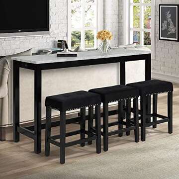 New Classic Furniture Celeste Faux Marble Theater Table with 3 Bar Stool Set, Black Base