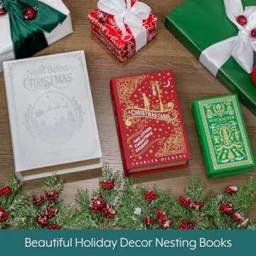 Decorae Magic Nesting Christmas Books (Set of 3); Russian Doll Style Hidden Books, Holiday Themed Fake Books