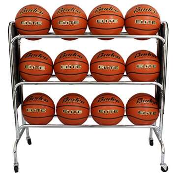 Baden Steel Basketball Rack with Wheels – 3-Tier Rolling Ball Racks for Garage with Wheel Locks, Sports Equipment Storage Basketball Holder for 12 Balls