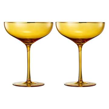 The Wine Savant Colored Sunset Amber & Gilded Rim Coupe Glass, 9oz Cocktail & Champagne Glasses 2-Set Vibrant Color Gold Vintage Tumblers, Margarita, Glassware Gifts, Housewarming Coupes