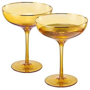 The Wine Savant Colored Sunset Amber & Gilded Rim Coupe Glass, 9oz Cocktail & Champagne Glasses 2-Set Vibrant Color Gold Vintage Tumblers, Margarita, Glassware Gifts, Housewarming Coupes