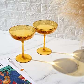 The Wine Savant Colored Sunset Amber & Gilded Rim Coupe Glass, 9oz Cocktail & Champagne Glasses 2-Set Vibrant Color Gold Vintage Tumblers, Margarita, Glassware Gifts, Housewarming Coupes