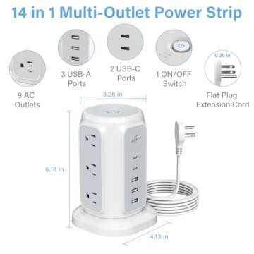 Flat Plug Power Strip Tower with 9 Outlets 5 USB Ports (2 USB C), AiJoy 6.5 FT 13A Thin Extension Cord with Multiple Outlets, 1200J Surge Protector for Home Office Supplies, Dorm Essentials