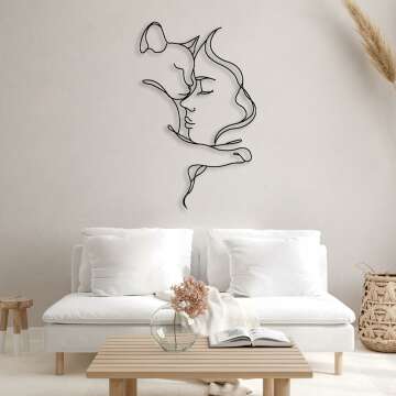 Girl and Cat Metal Wall Decor, Cat Metal Wall Art, Cat Woman Wall Art, Feminine Wall Art, Line Art Wall Decor, Wall Decor Living Room, Wall Decor for Bedroom, Animal Cat Lovers Gift (59 x 37 in / 150 x 93 cm, Black)