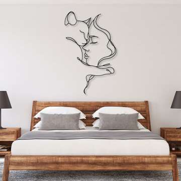 Girl and Cat Metal Wall Decor, Cat Metal Wall Art, Cat Woman Wall Art, Feminine Wall Art, Line Art Wall Decor, Wall Decor Living Room, Wall Decor for Bedroom, Animal Cat Lovers Gift (59 x 37 in / 150 x 93 cm, Black)