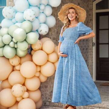 Floral Maternity Dress for Photoshoot Baby Shower, Square Neck Puff Sleeve Maternity Boho Smocked Pregnancy Dresses Blue