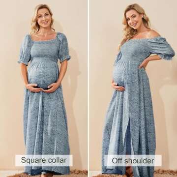 Floral Maternity Dress for Photoshoot Baby Shower, Square Neck Puff Sleeve Maternity Boho Smocked Pregnancy Dresses Blue