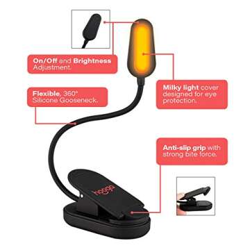 hooga Book Light, Rechargeable Clip On Blue Blocking Amber LED Light for Reading in Bed. 1600K Color. Eye Care Light for Strain-Free, Healthy Eyes. Gift for Students, Kids, Travel, Nursing, Studying.