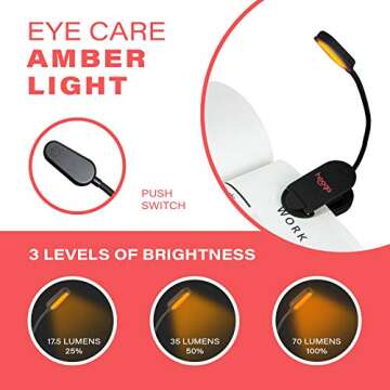 hooga Book Light, Rechargeable Clip On Blue Blocking Amber LED Light for Reading in Bed. 1600K Color. Eye Care Light for Strain-Free, Healthy Eyes. Gift for Students, Kids, Travel, Nursing, Studying.