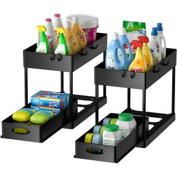 PUILUO Under Sliding Cabinet Basket Organizer, 2 Tier Storage Under Cabinet Bathroom Under Sink Organizers and Storage Black Under Sink Storage for Bathroom Kitchen