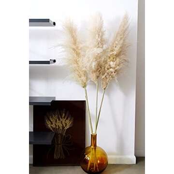 5 Feet Pampas Grass Large Dried Natural -3 Stems 60 inch Tall Fluffy Dried Pampas Big Plants for Boho Home Decor Flower Arrangements Faux Flowers Wedding Decor Kitchen Decor Plant Decor