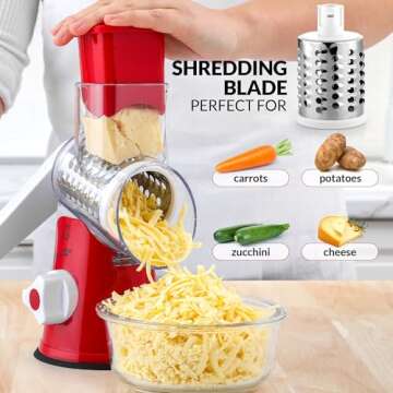 Zulay Kitchen Cheese Grater Hand Crank, Grater For Kitchen With Reinforced Suction - Rotary Cheese Grater With 3 Replaceable Stainless Steel Blades - Easy to Use & Clean - Vegetable Cutter - Red