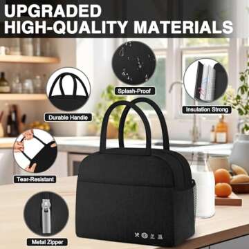 KUBYA Lunch Bag Women, Lunch Box for Women Men Insulated Reusable Lunch Bag Large Capacity Lunch Tote Bag Lunch Container for Office Work Picnic Beach or Travel,Black