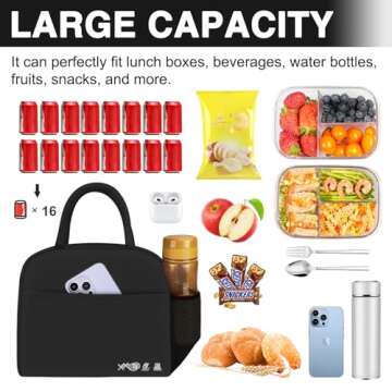 KUBYA Lunch Bag Women, Lunch Box for Women Men Insulated Reusable Lunch Bag Large Capacity Lunch Tote Bag Lunch Container for Office Work Picnic Beach or Travel,Black