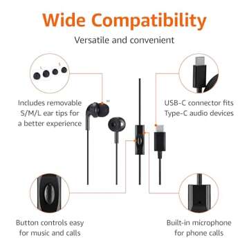 Amazon Basics USB-C Wired Earbuds with Microphone, In Ear Headphones, 4.2 ft long cable, S/M/L Ear Tips, Black