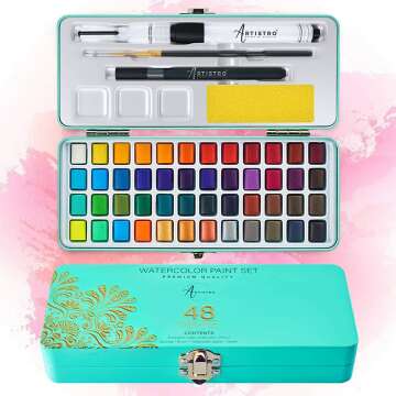 ARTISTRO Watercolor Paint Set, 48 Vivid Colors in Portable Box, Including Metallic and Fluorescent Colors. Perfect Travel Watercolor Set for Artists, Amateur Hobbyists and Painting Lovers