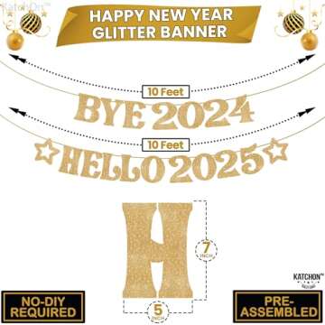 KatchOn, Gold Glitter Bye 2024 Hello 2025 Banner - No DIY | New Years Banner | New Years Decorations 2025 | Happy New Year 2025 Banner for NYE Decorations 2025 | New Years Eve Party Supplies 2025